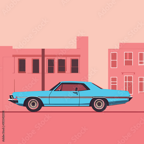 Vintage blue classic muscle car parked on urban street with stylized flat minimalist buildings in background in warm color palette vector illustration