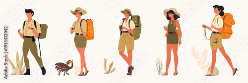 Young male and female hikers in safari outfits with backpacks and wide-brim hats walking and exploring nature in flat minimalist vector style outdoor adventure travel concept illustration