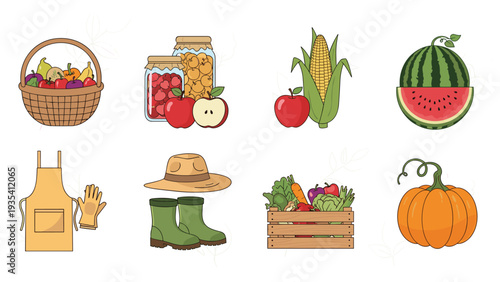 Set of autumn harvest and gardening items including a basket of fruit jars of jam vegetables garden boots an apron and a sun hat.