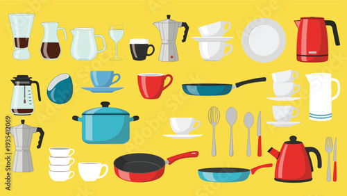 Large collection of colorful kitchenware including coffee makers teapots pans plates cups and cutlery arranged on a bright yellow background.