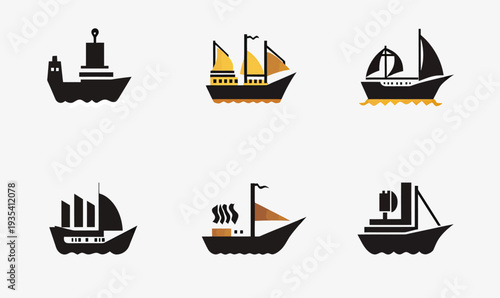 Set of six flat minimalist black and yellow sailing and cargo ship icons including steamship, sailboat, vintage vessel, and cargo boat on white background vector illustration
