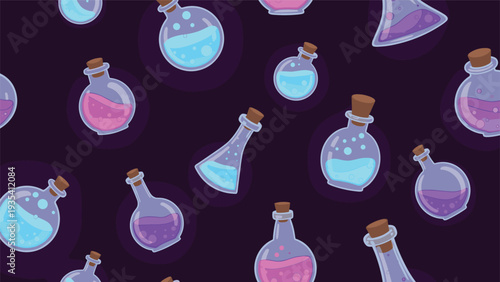 Seamless pattern of various colorful magic potion bottles filled with glowing liquids on a dark purple background for fantasy themes.
