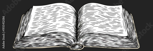 Detailed open book sketch illustration with hand drawn page lines in black and white engraving style vector design on dark background for reading and literature concept