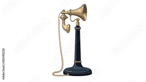 Classic antique candlestick telephone with a black base brass mouthpiece and curly cord over a simple white studio background.