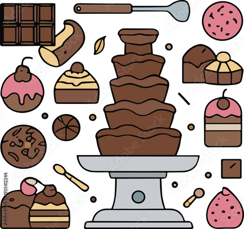 Chocolate Dessert Collection with Fountain Cakes Cookies and Sweets Cute Bakery Vector Illustration Set
