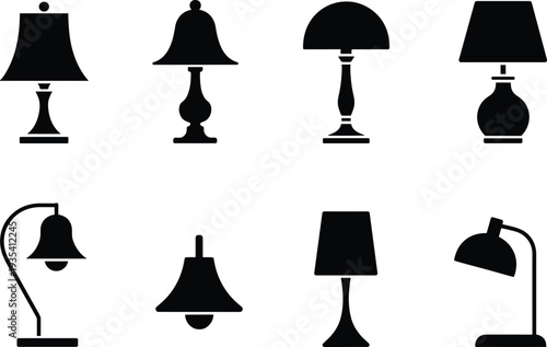 Vintage table lamps and desk lights silhouettes collection with classic home lighting fixtures retro interior decor lamp icon set