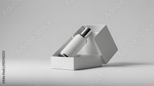 White open gift box mockup with product packaging on neutral background