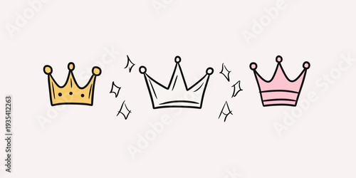 Set of three minimalist hand drawn crowns in yellow, white, and pink with decorative sparkles, royal headwear collection for queen and king design elements