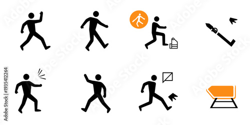 Set of black stick figure icons illustrating walking man, injury warning, slipping hazard, falling person and safety caution symbols with orange accents vector illustration