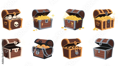 Variety of wooden treasure chests including some overflowing with gold coins skulls and empty ones for game design elements.