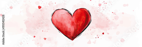 Red watercolor heart with black sketch outline and subtle pink splatter background for romantic love and Valentine's Day concept illustration