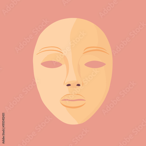 Minimalist flat vector illustration of a beige facial clay mask on pink background, beauty skincare treatment concept with smooth texture and neutral expression