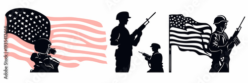 Silhouettes of armed soldiers with American flags patriotic USA independence day military theme vector illustration with flat minimalist design