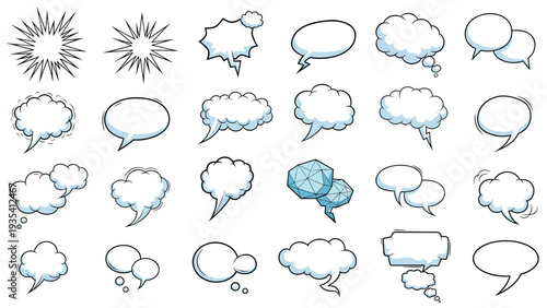 Large collection of diverse comic book speech bubbles and thought clouds in various shapes and sizes for storytelling graphics.
