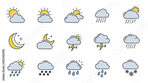 Set of simple weather icons representing sun clouds rain lightning and snow for meteorology apps and climate forecasting tools.