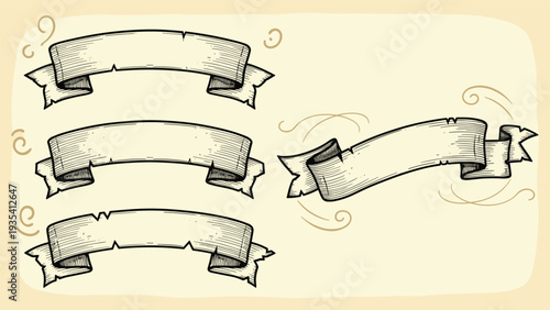 Collection of four vintage scroll banners and ribbons with antique paper textures and elegant curved designs for text placement.