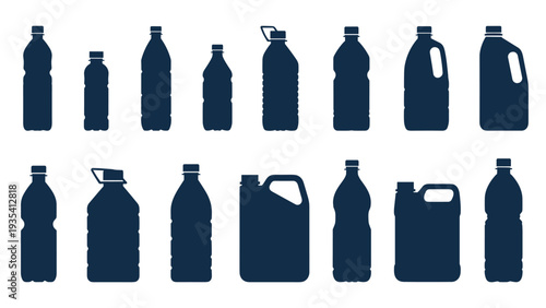 Various silhouettes of plastic bottles and containers in different shapes and sizes including jugs and spray bottles for recycling.