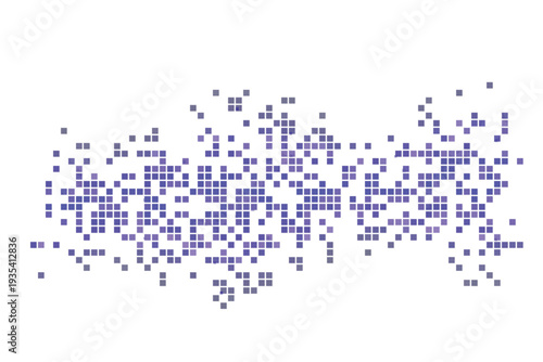 Energetic spread of blue and violet square pixels forming an intricate digital wave across a pristine white canvas