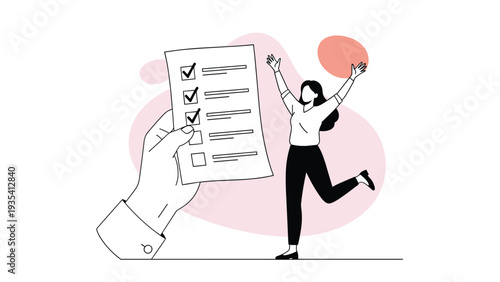 Happy woman jumping for joy next to a giant hand holding a completed checklist with three positive checkmarks for success.