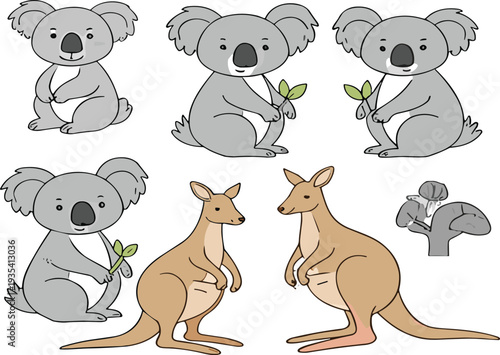 Cute Australian animals set with koala and kangaroo characters holding eucalyptus leaves cartoon wildlife flat vector illustration collection
