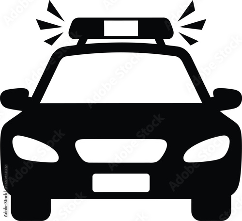 Police car with active emergency lights. Police cruiser with  headlights, a grille, and a roof-mounted light bar with flashing effects. Law enforcement, emergency services, or security themes. 
