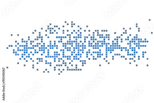 Dynamic arrangement of varying blue and grey square pixels creating a flowing pattern across a clean white backdrop