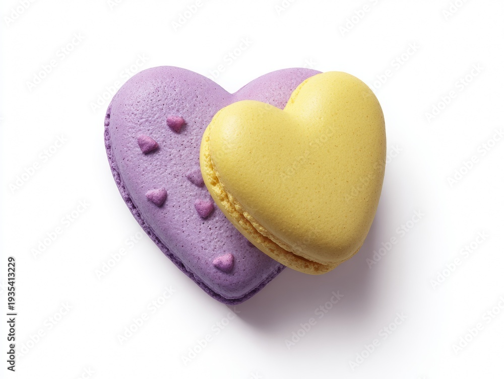 Obraz premium Purple and yellow heart-shaped macarons rest on white. Soft shadows add depth and realism to the scene. Vivid colors draw attention to delicate textures. Sleek composition highlights sweet