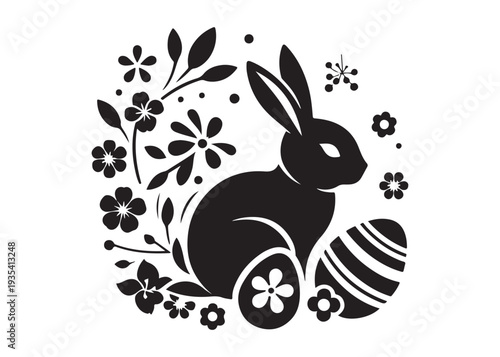 easter bunny eggs and flowers logo silhouette, easter eggs silhouette vector illustration,  decorative pattern logo silhouette, easter bunny eggs and floral logo silhouette design on white background