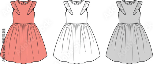 Fashion illustration of sleeveless dress featuring round neckline, ruffled shoulder details, fitted bodice, and gathered flared skirt, shown in coral pink, white, and gray variations