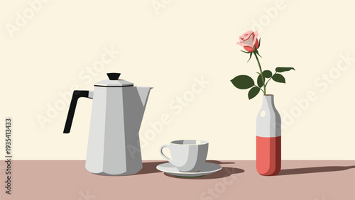 Simple still life composition featuring a white coffee pot, a teacup on a saucer, and a single pink rose in a vase.