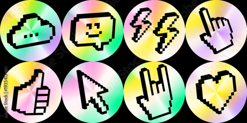 3D pixel art black icons on glossy holographic circle backdrops. Y2K sticker pack. Cursor, lightning, smiling face, hand gestures. Retro label elements on rainbow gradient for modern digital design