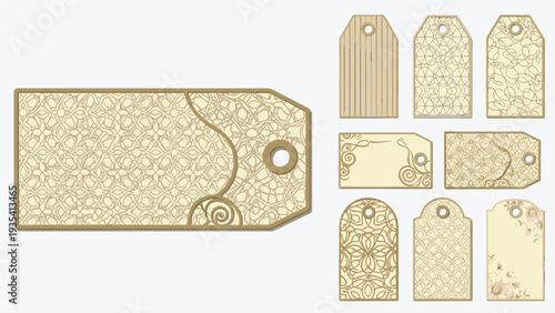 Elegant set of vintage gift tags and labels featuring ornate patterns and delicate floral motifs in muted beige tones for branding.