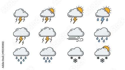 Diverse weather condition icons featuring clouds with sun, rain, lightning, snow, and wind in a clean flat design style.