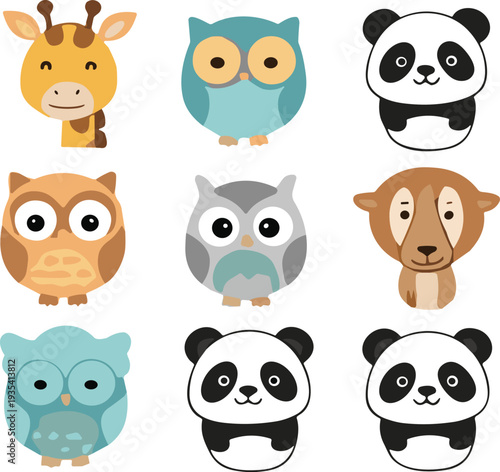 Cute cartoon animals set including panda, owl, giraffe and bear characters adorable wildlife flat vector illustration collection