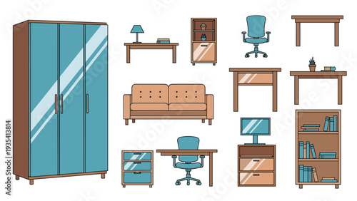 Modern office and home furniture collection featuring desks, chairs, sofa, wardrobe, and bookcases in blue and wood tones.