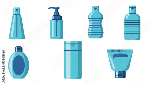 Collection of blue cosmetic and hygiene product bottles and tubes including lotion, shampoo, and liquid soap on white.