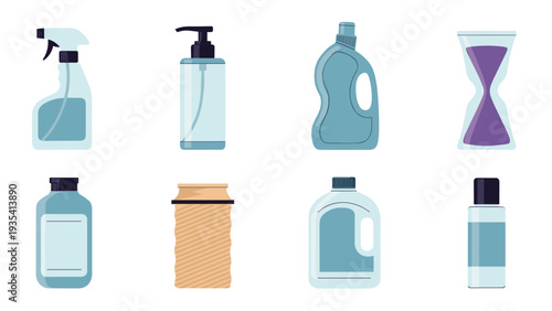Set of cleaning and household product containers including spray bottles, detergent, soap, and a purple hourglass on white.