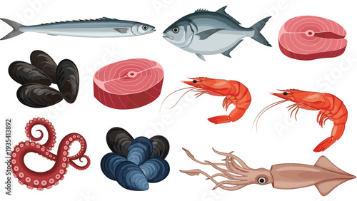 Fresh seafood selection featuring whole fish, tuna steaks, prawns, mussels, octopus tentacles, and a squid on white background.