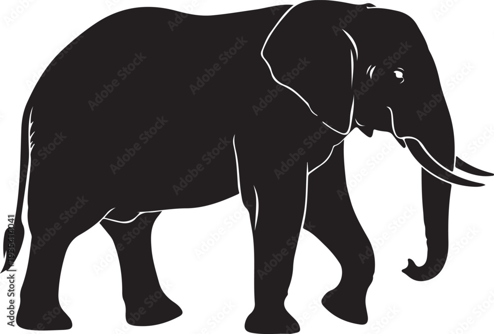 Fototapeta premium Black silhouette of an elephant walking in profile on a white background, minimal outline.