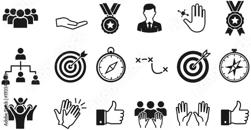 Black and White Solid Business Strategy Teamwork and Leadership Vector Icon Set