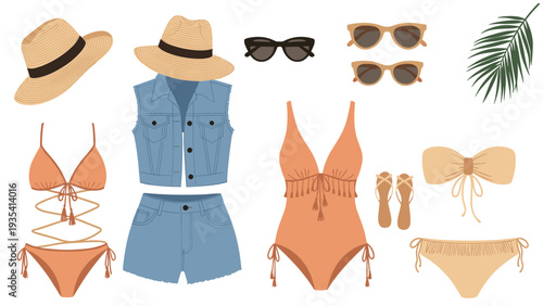 Collection of summer fashion items including swimwear, hats, sunglasses, denim shorts, and flip flops on a white background.