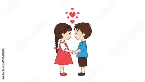 Cute young boy and girl holding hands with floating hearts above them symbolizing childhood friendship and innocent love.