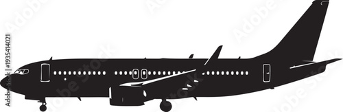Black silhouette of an airplane in side view on a white background, minimal outline