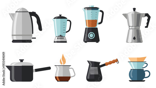 Set of modern kitchen appliances and coffee makers including blenders, kettles, pots, and manual coffee drippers.