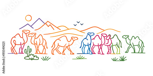 Camels moving across a desert landscape, depicting journeys and exploration with simple lines and a vibrant color gradient