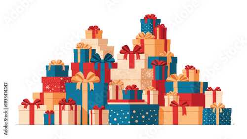 Large pile of colorful gift boxes wrapped with ribbons and bows in various sizes and patterns for holiday celebrations.