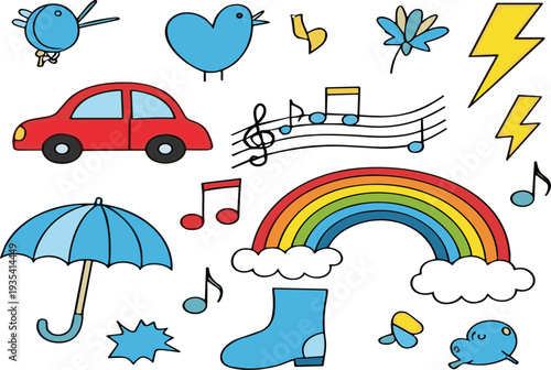 Cute doodle elements vector set with rainbow car umbrella birds music notes lightning and playful icons