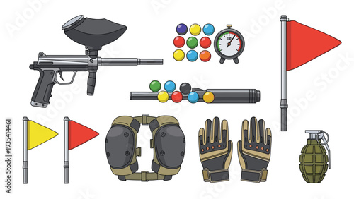 Collection of paintball gear including a marker gun, protective gloves, knee pads, flags, and a grenade on white background.