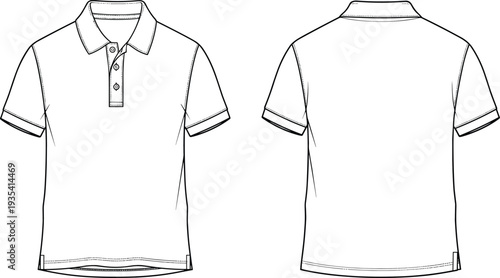 Blank polo shirt mockup, front and back view, short sleeve collar t shirt template isolated on white background vector illustration