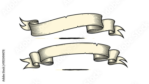 Two elegant vintage ribbon banners with classic curves and hand drawn shading for traditional title or label designs.